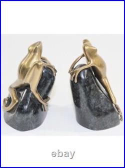 Art Deco Polished Cast Polished Brass Frogs on a Rock Bookends, circa 1940