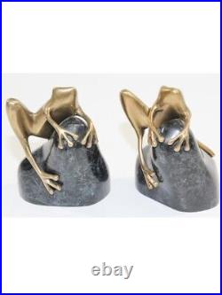 Art Deco Polished Cast Polished Brass Frogs on a Rock Bookends, circa 1940