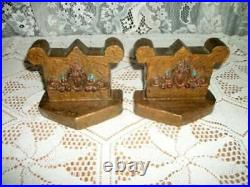 Art Deco Polychrome French Church Bookends Crown Sacred Heart Gesso Wood