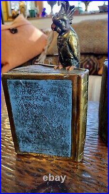 Art Deco Pompeian Bronze Bookends Atlas of the World and Parrots or Cockatoos