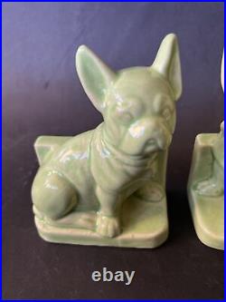 Art Deco Porcelain French Bulldog Bookends, Germany Rare green glazed
