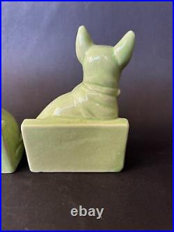 Art Deco Porcelain French Bulldog Bookends, Germany Rare green glazed
