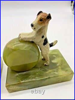 Art Deco Rare English Scotty Scottish Terrier Dogs Bookends On Green Marble