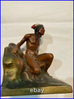 Art Deco Style American Indian Chief Bookends Colorful Awaiting the Prey