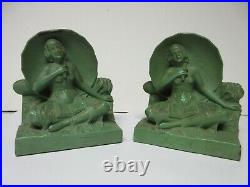 Art Deco Umbrella Lady Woman Girl with Book Cast Metal Bookends withTopless Figure
