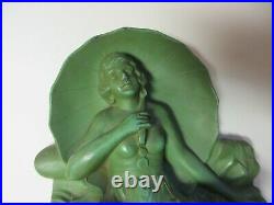 Art Deco Umbrella Lady Woman Girl with Book Cast Metal Bookends withTopless Figure