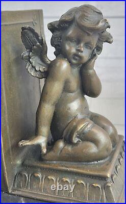 Art Deco Winged Angel Bookends Bronze with Marble Stone Hot Cast Sculpture Art