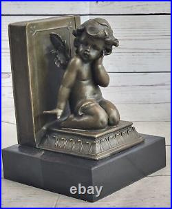 Art Deco Winged Angel Bookends Bronze with Marble Stone Hot Cast Sculpture Sale