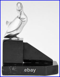 Art Deco silvered French bronze duck bookends Georges H Laurent 1930