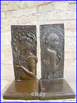 Art Nouveau Female Portrait Bronze Pair of Bookend Sculptures Handmade Original