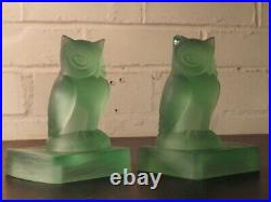 BAGLEY GLASS Green Uranium Glass RARE ART DECO PAIR OF OWL BOOKENDS