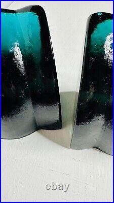 BLENKO Glass Bookends Vintage Curved Dark Green Cascading Waterfall Handcrafted