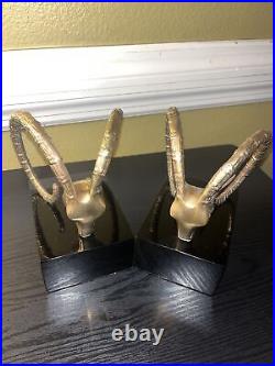 Brass Ibex Antelope Rams Head Sculptural Art Deco Bookends
