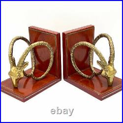 Brass Ram Skull Bookends Vintage Pair 2 Ibex Horns Art Deco Mid Century Stylized