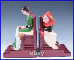 C. 1930s Aladin French Porcelain Bookends Medieval Woman & Jester Art Deco France