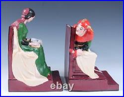 C. 1930s Aladin French Porcelain Bookends Medieval Woman & Jester Art Deco France
