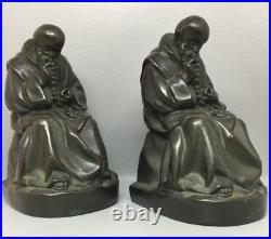 C1920's Pair of Antique ARMOR BRONZE Bookend Priest Monk with Rosary Bronze-Clad