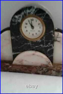 CLOCK Vintage French Art Deco Marble Desk Mantle Clock and Bookends