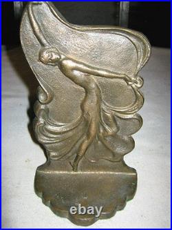 Chic Antique Bronze Lady Dancing Nude Bust Bookends Art Deco Shabby Sculpture