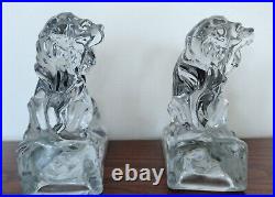 Crystal Clear Glass Lion Bookends Art Deco Cambridge Glass Ohio 1920s