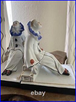 Dressel and Kister Art Deco Bookends Pierrot in Porcelain Figurines