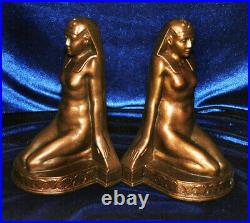 Egyptian Deco Nude Bookends Kronheim & Oldenbusch K&o Bronzed Spelter Lotus Bust