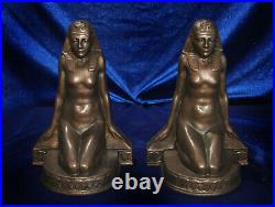 Egyptian Deco Nude Bookends Kronheim & Oldenbusch K&o Bronzed Spelter Lotus Bust