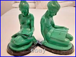 FRANKART NUART ERA Nude Reading Lady Nymph BOOKENDS Nile Green ART DECO MODERNE