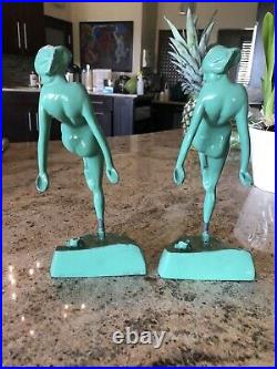 Frankart Nude Nymph & Frog Green Painted Metal 9.5 ART DECO Bookends