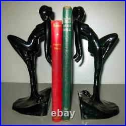 Frankart nymph with frog bookends art deco in black 10 tall metal a pair USA