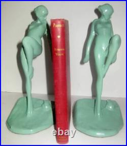 Frankart nymph with frog bookends art deco in green 10 tall metal a pair USA