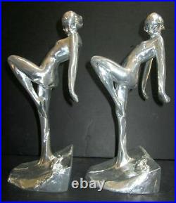 Frankart nymph with frog bookends art deco polished aluminum 10 tall a pair USA