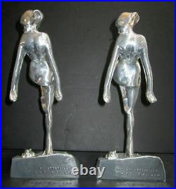 Frankart nymph with frog bookends art deco polished aluminum 10 tall a pair USA