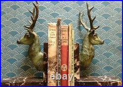 French 1930's Deco Stag head bookends on solid marble bases-Excellent condion