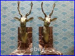 French 1930's Deco Stag head bookends on solid marble bases-Excellent condion