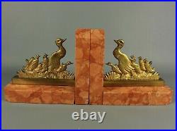 French Antique ART DECO Bookends Gilt Bronze Mother Duck Marble Base Pair 1930s