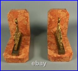 French Antique ART DECO Bookends Gilt Bronze Mother Duck Marble Base Pair 1930s