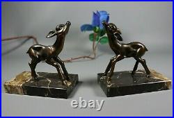 French Antique ART DECO Bookends Spelter Bronzed Deer Fawn Marble Base Pair