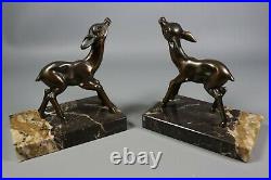 French Antique ART DECO Bookends Spelter Bronzed Deer Fawn Marble Base Pair