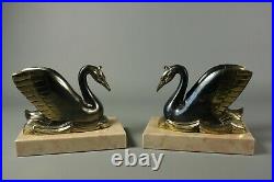 French Antique ART DECO Bookends Spelter Bronzed Swans Marble Base Pair 1930s