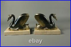 French Antique ART DECO Bookends Spelter Bronzed Swans Marble Base Pair 1930s