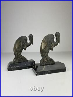 French Art Deco Figuren Buchstützen Bookends Marabu Vogel Bronze Frankreich RAR
