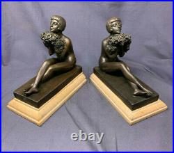 French Art Deco Style Bronze Bookends, Woman holding Flowers, J. B. Deposee