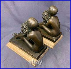 French Art Deco Style Bronze Bookends, Woman holding Flowers, J. B. Deposee