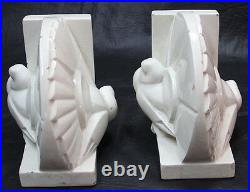 French St Clement Charles Lemanceau Art Deco PAIR doves peacock book ends