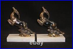 Gazelle bronze and marble bookends art deco