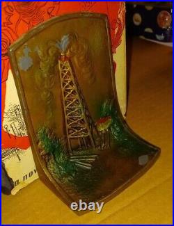 Gorgeous 1920s K & O Company Oil Derrick Bookends Embossed! Enamel & Brass