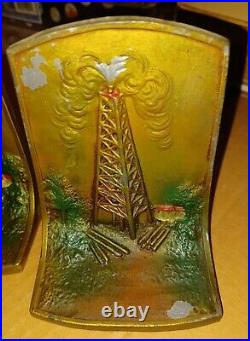 Gorgeous 1920s K & O Company Oil Derrick Bookends Embossed! Enamel & Brass