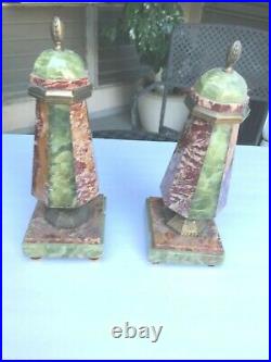 Gorgeous Art Deco Rosso Marble & Brazillian Green Onyx Garnitures Clock Bookends