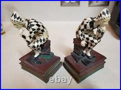 Harlequin French Hand Painted Jester Bookends Early 1900s Joker Vintage Antique